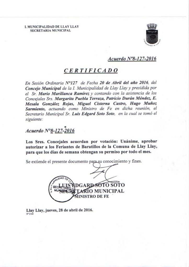 Certificado del Acta de Consejo Municipal.